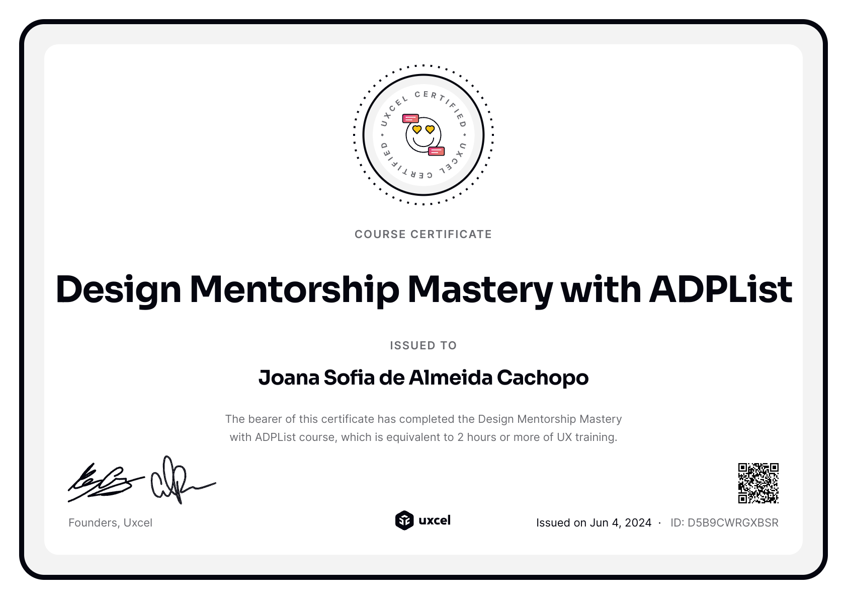 Joana Sofia de Almeida Cachopo's certificate